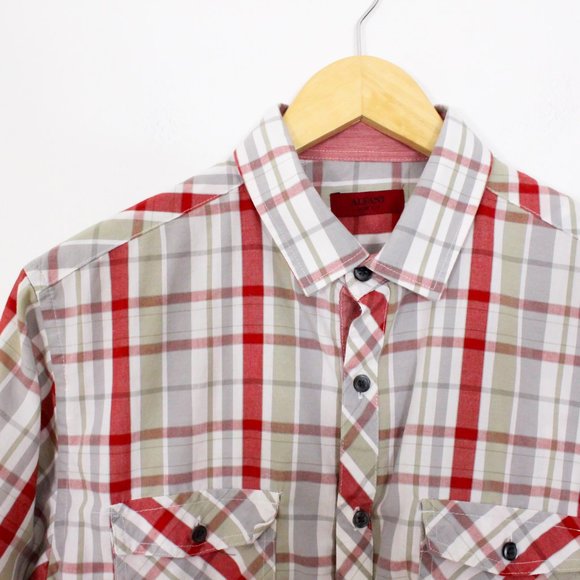 *Alfani Mens Beige & Red Plaid Short Sleeve Button Up - Picture 3 of 4